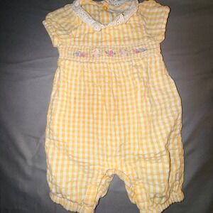 JoJo Maman Bebe Baby Girls Yellow Gingham Smocked Romper 6-12M NWOT